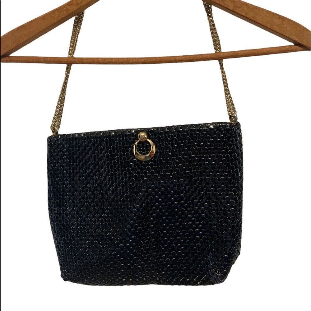 Vintage 80s purse black metal mesh whiting & Davis handbag w gold accents strap